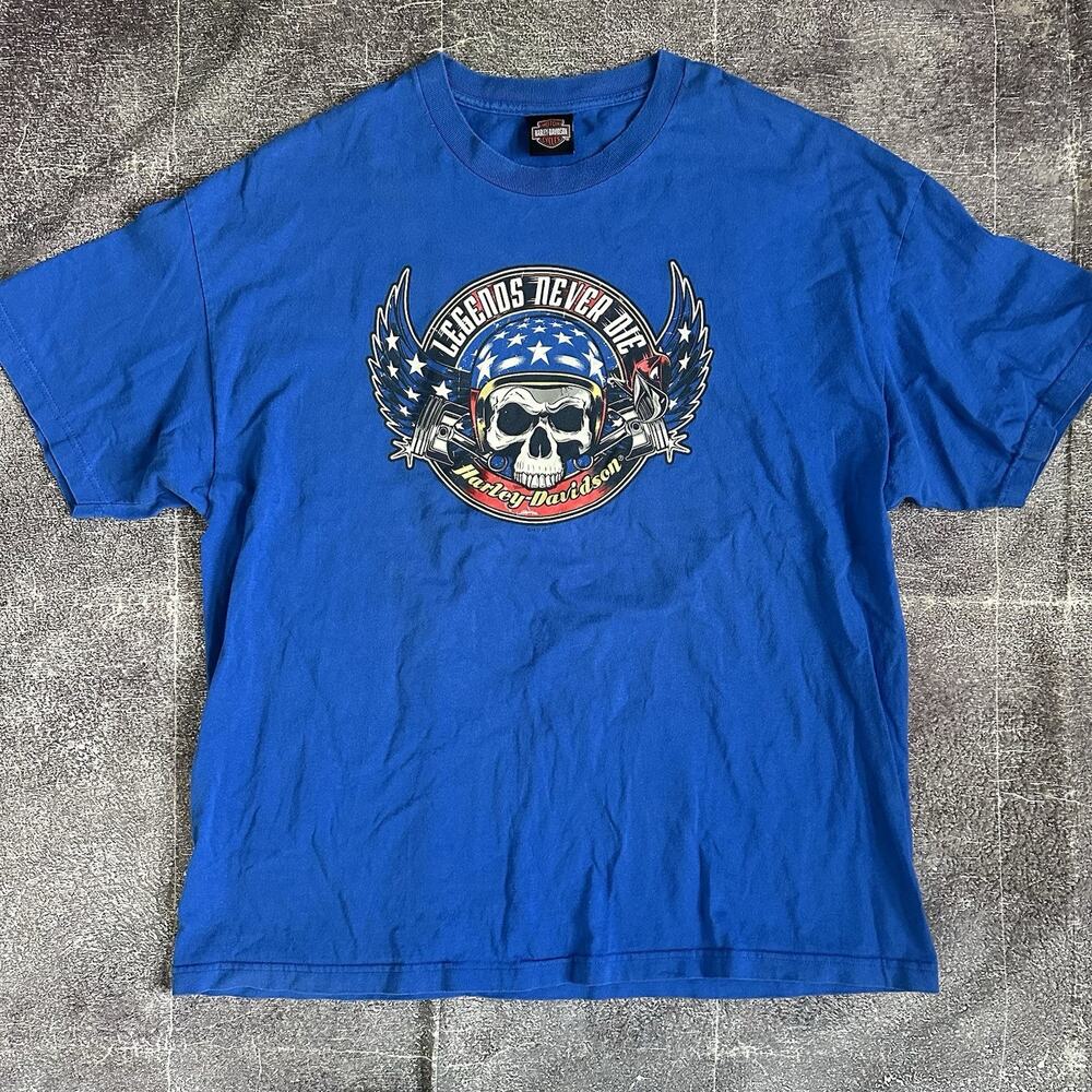 Men's Harley Davidson Motorcycles Legends Never Die Blue T Shirt Tee Sz 2XL XXL